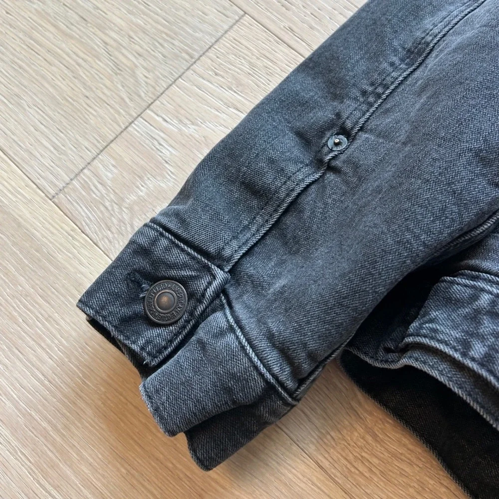 American Eagle Extreme Flex Black Sherpa Lined Denim Trucker Jacket Mens Large